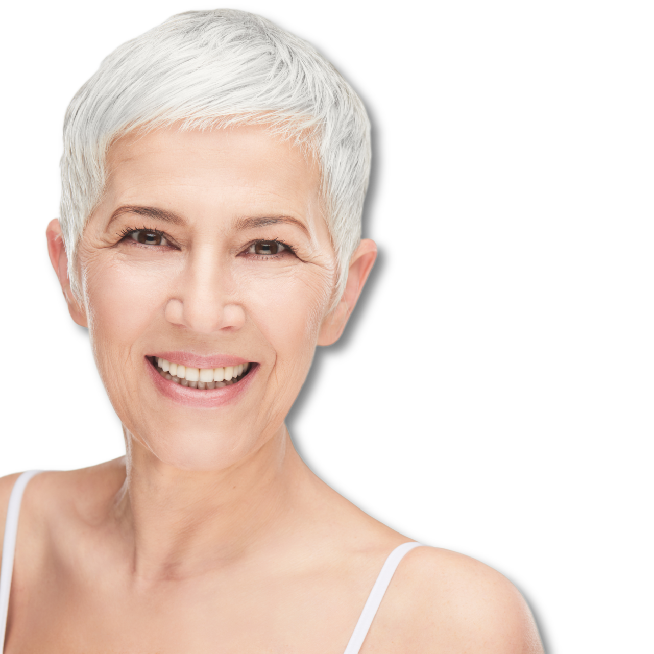 short grey haired woman smiling
