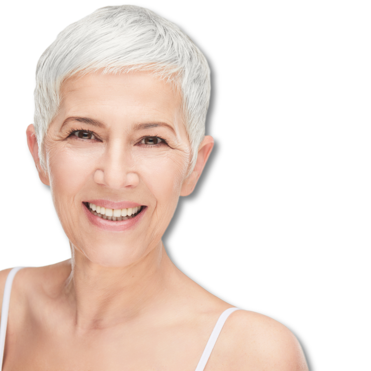 Mature woman with short white hair short grey haired woman smiling